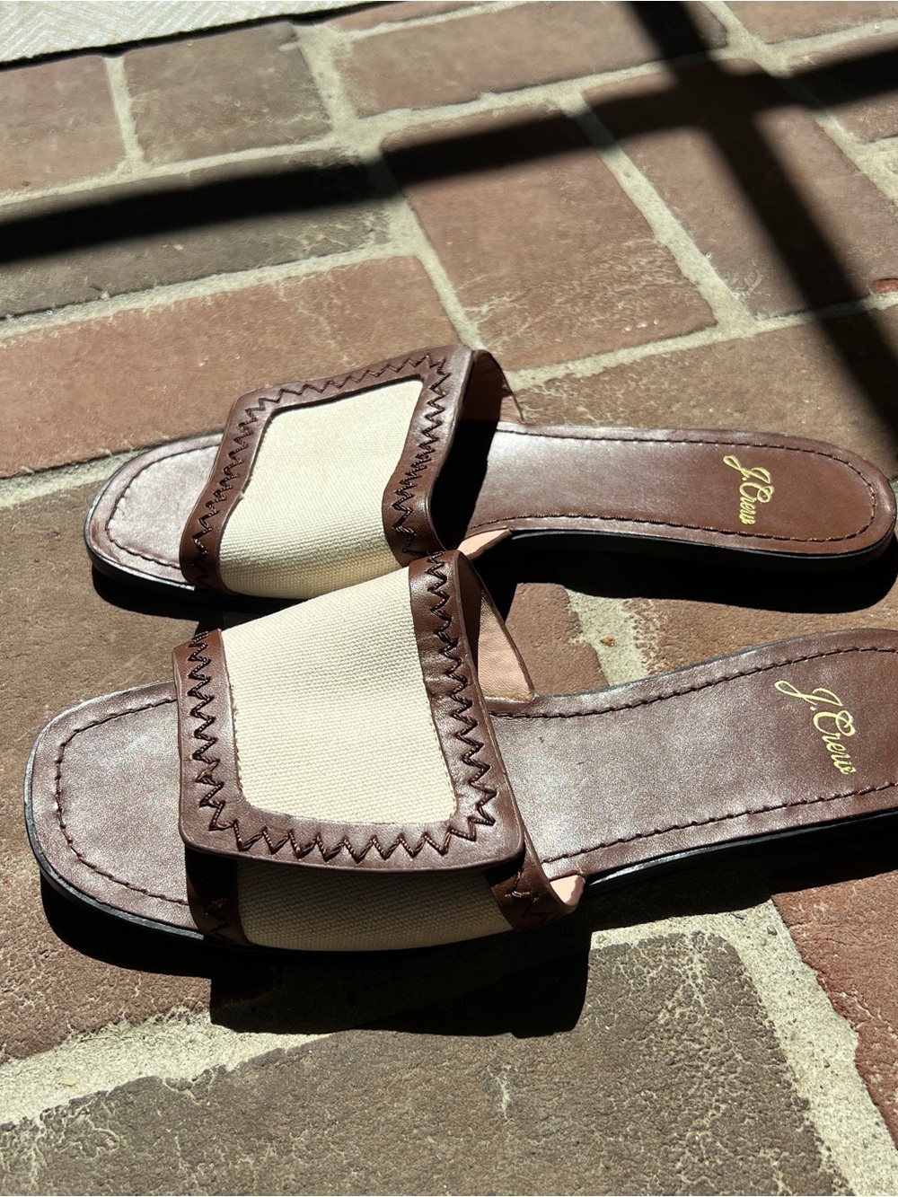 J. Crew Brown Leather & Cream Canvas Slide Sandals - Picture 2 of 2